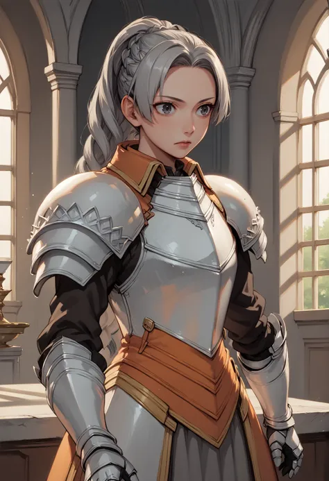 1girl, solo, long hair, grey hair, gray eyes, single hair bun, braid, orange dress, (armor), breastplate, pauldrons, greaves, gauntlets, standing, indoors, castle, upper body  <lora:Chris_Lightfellow_Suikoden_III_XL:1>, score_9, score_8_up, score_7_up, sco...