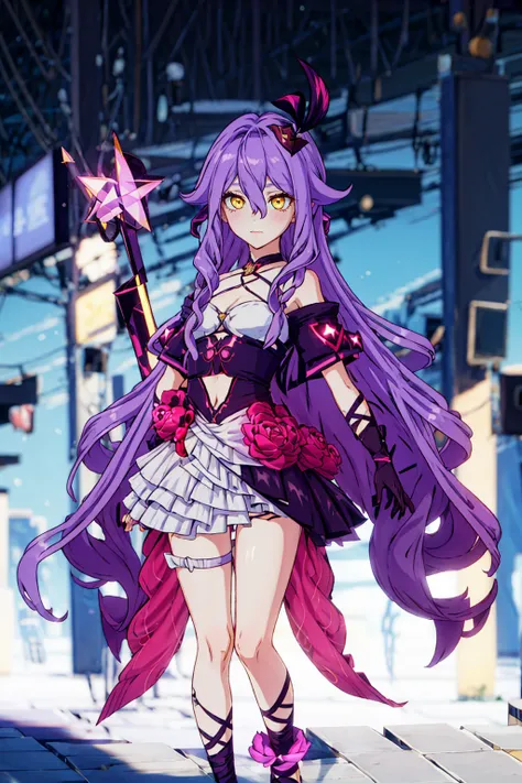 sirin, yellow eyes, x shaped pupils, long hair, purple hair, hair flaps, short ruffled dress, pink glove, bandage, <lora:Sirin:0.7>