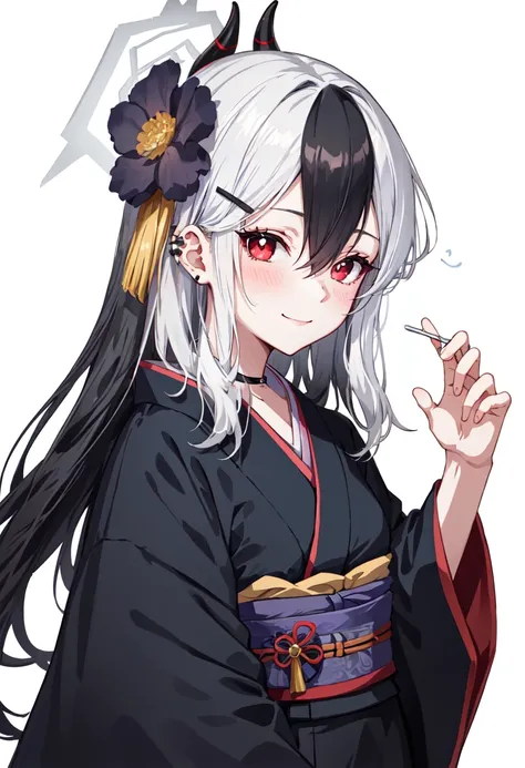 best quality, masterpiece, highres, solo, (kayoko_bluearchive:1.10), 1girl, official alternate costume, black kimono, obi, looking at viewer, hair flower, hairclip, black choker, long sleeves, closed mouth, wide sleeves, piercing, blush, simple background,...