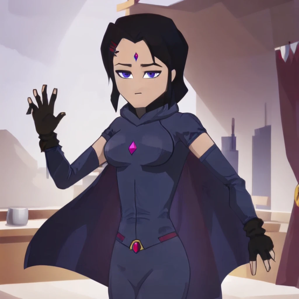 masterpiece,cartoon style,A woman with black hair wearing a suit with black, purple, and blue colors, along with a red jewel on her chest, stands with her hands on her hips. She is dressed in a superhero costume that includes a long-sleeved top, black glov...