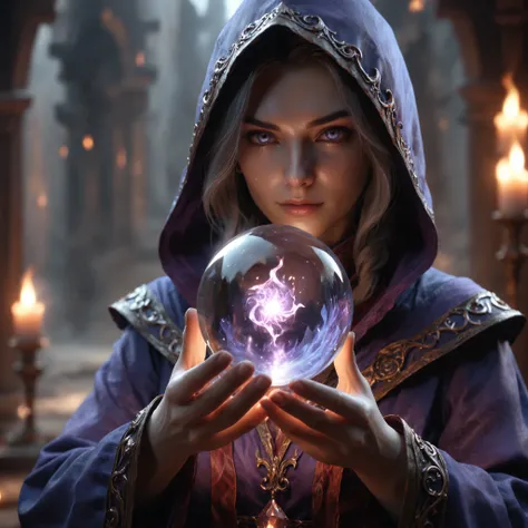 photo of a female mage holding a glass orb with a person inside, depth of field, cinematic,