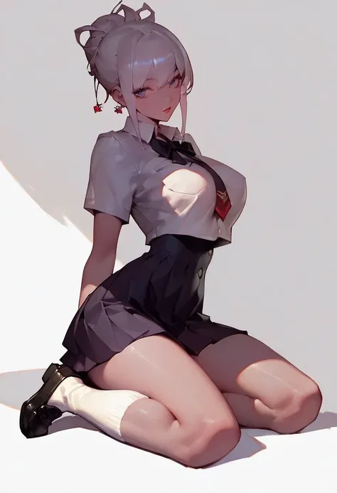 score_9, score_8_up, score_7_up, 1girl, solo, 19-years-old, pretty face, posing naughty, school uniform, large breasts, beautiful legs, slender, silky skin, short skirt, white socks, black loafers, source_anime,