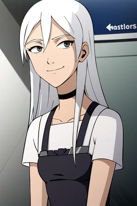 1girl,solo,choker,white hair,long hair,white eyes,upper body,smile,looking,at viewer,masterpice,best quality