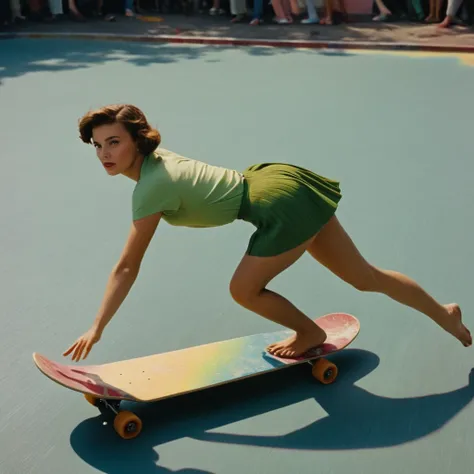 cinematic film still of  <lora:Technicolor style:1> 
In the 1950s a person falling off a skateboard in a colorful paint covered area,1girl,solo,short hair,skirt,brown hair,lying,barefoot,bird,traditional media,letterboxed,penguin,colorful,surreal , vivid c...