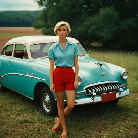 cinematic film still of  <lora:Technicolor style:1> colorful:1
In the 1950s a woman standing next to a car in a field,solo,short hair,blonde hair,shirt,1boy,male focus,outdoors,shorts,barefoot,tree,black shorts,ground vehicle,red shirt,motor vehicle,car,ve...