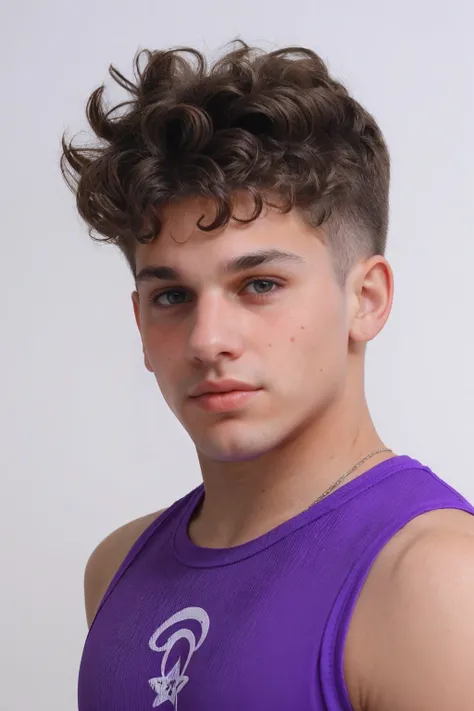 closeup headshot photo of muscular typerson, curly hair, undercut <lora:ty_epoch_6:0.8>, wearing a (purple) tank top, blank white background, (smirk:0.5)