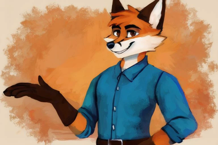 shrimpiing art style, solo, anthropomorphic, fox, manly, blue tunic, green pants, brown leather boots, brown leather gloves, brown eyes, thick black eyebrows, grinning, two-toned fur, orange and white fur, digital painting art style