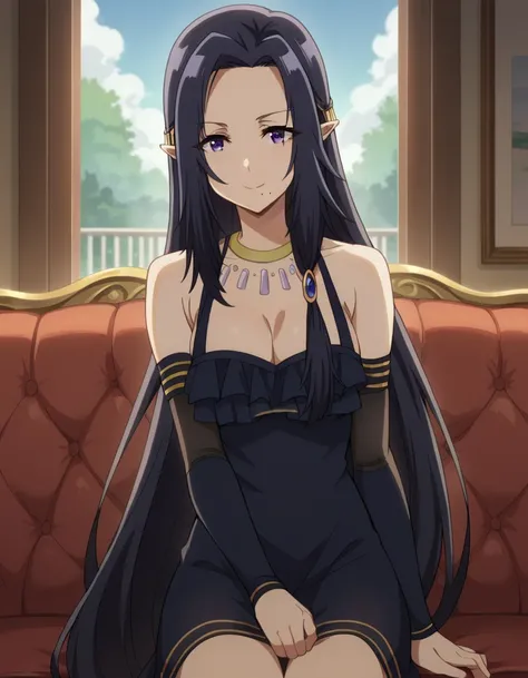 score_9, score_8_up, score_7_up, source_anime,
shadowgamma, <lora:shadow-gamma-ponyxl-lora-nochekaiser:1>,
gamma, long hair, purple eyes, black hair, very long hair, pointy ears, mole, mole under mouth, smile,
dress, cleavage, jewelry, detached sleeves, ne...