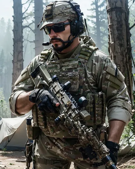 <lora:neg4all_bdsqlsz_V3.5:-1>
1 man facial hair, 
best quality,masterpiece,highly detailed,ultra-detailed, 
  military uniform, taskforce, tanktop,camouflage, digital camouflage, camping, muscular  ,, headphones, assault rifle, holding weapon, 
plants, <l...
