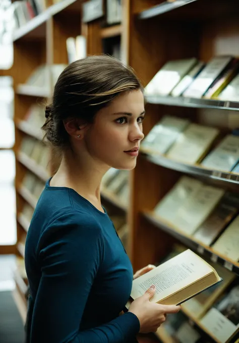 cinematic film still  <lora:LittleCaprice_SDXL_v1.0:1>
Bookstore Browsing: Candid portrait of (((ohwx woman))) lost in a world of words. Browsing shelves in a charming bookstore, fingertips trailing along the spines of books. Intrigued expression as she pu...