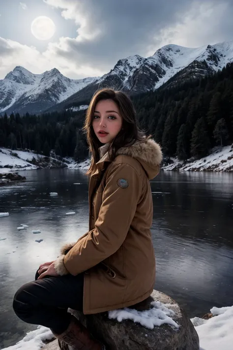 RAW photograph, tv_Celine_Farach_M, , sad expression, wearing a winter coat, wearing winter pants, wearing winter boots, sitting on a rock by a frozen mountain lake, midnight, moonlight, shot from the side,,