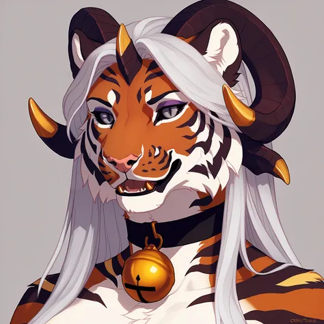 score_9, score_8, score_8_up, score_7_up, score_6_up, score_5_up, score_4_up, rating_safe,  source_furry,  simple background,  demon tiger hervy,  anthro , wavy flowy white hair,   gorgeous gray eyes with slit pupils and black sclera, makeup,  large breast...