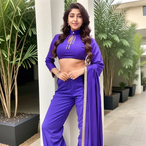 photo of snrk woman, conservatively dressed,  wearing Purple high neck Salwar Kameez that covers the neck breasts and midriff, dynamic pose, simple scandinavian interior background in bokeh <lora:snrk_Sonarika_Bhadoria_SD15_LoRA_prodigy_local_regs-000001:1...