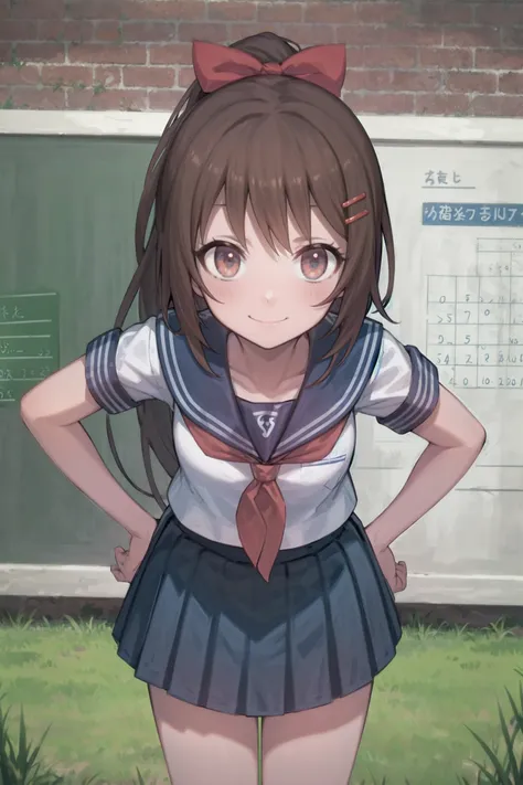 absurdres, high detail, uhd, outdoors, school, information board, grass, brick road,
standing, smile, closed mouth, bent over, looking at viewer, hands on hip,
ranan, ponytail, hair bow, serafuku, hairclip, blue_sailor_collar, white_shirt, short_sleeves, o...