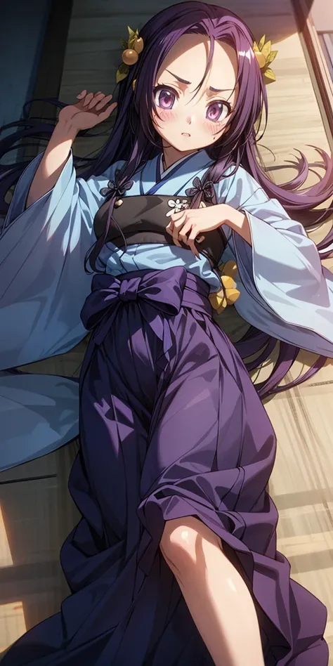 nobuna-akechi ,1girl ,solo , long hair ,japanese clothes ,skirt ,hakama ,hakama skirt ,low-tied long hair ,blue hakama ,<lora:nobuna-akechi:1> <lora:add_detail:0.45>,embarrassed,tatami, sliding doors,lying on back,(blush:1.2),troubled eyebrows, (masterpiec...