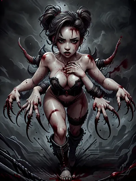 A sexy woman covered in blood, claws for hands, walking seductively towards the viewer, EMH