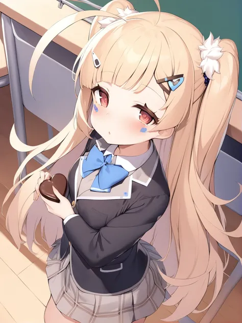 <lora:eldridge_XL_v1.0:1>,eldridge_(azur_lane),two_side_up, hair_scrunchie, blue_bow,long hair, plaid_skirt,school_uniform, hairclip, black_jacket,classroom,valentine,A girl holding chocolate in her hands, from above,, masterpiece, best quality,