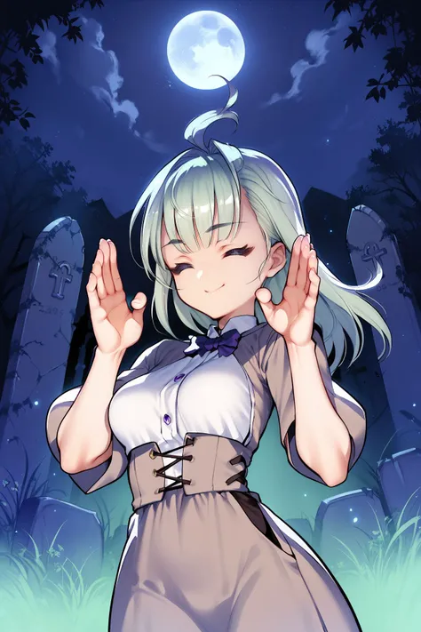 score_9, score_8_up, score_7_up, 1girl, rabbit pose, closed eyes smile, light green hair, bangs, amethyst eyes, medium breasts, beige clothes, night, graveyard, <lora:choco_(chocolate_shop)_PonyXL_style_v02:1>