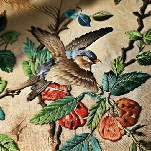 The birds flying up the treetops are eating fruits,embroidery,<lora:embroidery123:0.8>,