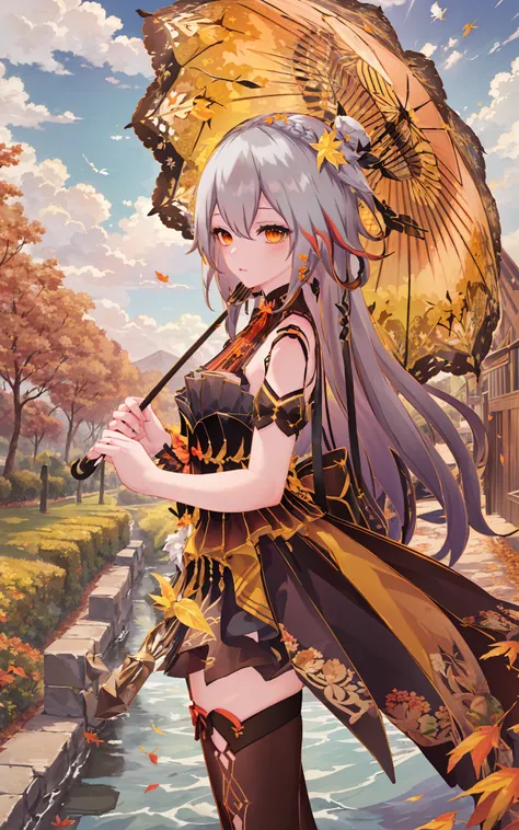 (masterpiece, top quality, best quality, official art, beautiful and aesthetic:1.2),extreme detailed,(fractal art:1.3), 1girl, solo, Fu Hua(CoC), <lora:Fu Hua(CoC)_v2:1>, evening dress, hair ornament, multicolored hair, black thighhighs, holding parasol, f...