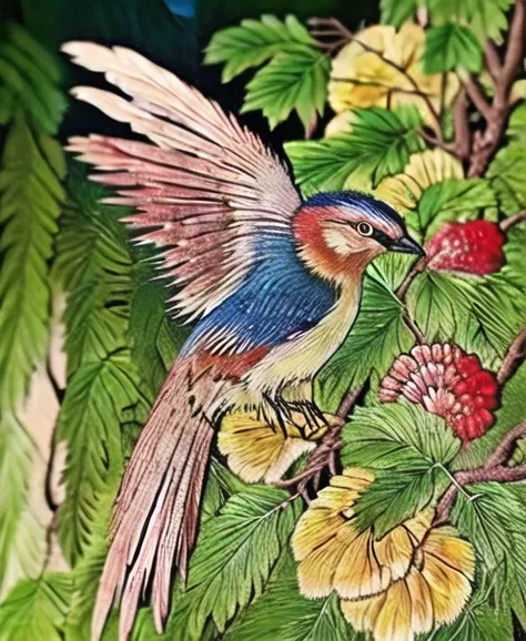 The birds flying up the treetops are eating fruits,<lora:embroidery123:0.8>,