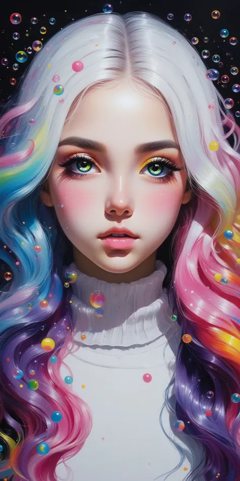 abstract oil painting egirls, the modern gamer girl, a female form, multicoloured liquid hair, rainbow bubbles, luminous, abstract dark background
,  ((masterpiece)), ((best quality)), solo, 1girl, mascara, makeup, (white sclera) masterpiece, best quality,...