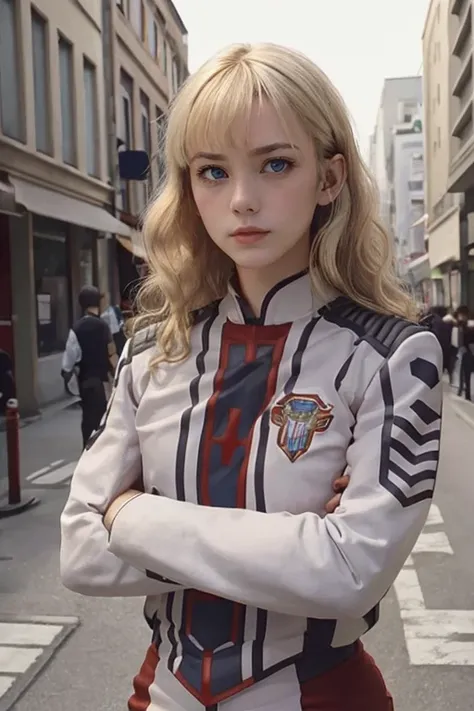 1girl,long blonde hair,wavy hair,blue eyes,bangs,crossed arms,looking at viewer,guts uniform,<lora:GUTS_uniform:0.9>,photography,best quality,masterpiece,street background,depth of field,