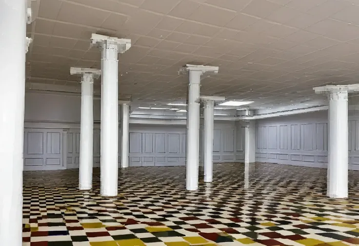 a haunting scene in an empty hall with numerous columns, bathed in gloomy lighting, and a floor adorned with a multi-colored checkerboard pattern, evoking a sense of liminal space and weirdcore aesthetics. <lora:y2kmadmix_db-v0.0.1-extract:1>