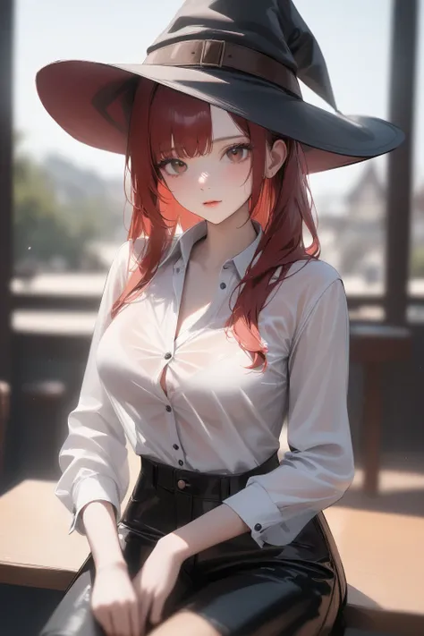 1girl, long hair, large breasts, red hair, ponytail, brown eyes, asymmetrical bangs, witch hat, see-through shirt, unbuttoned, blouse, blurry background, looking at viewer, absurdres, newest, recent, best quality, masterpiece, very aesthetic, (realistic:0....