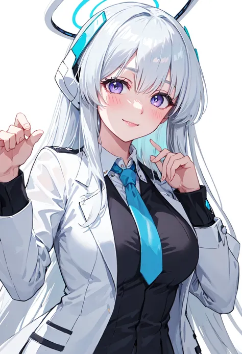 best quality, masterpiece, highres, solo, (noa_bluearchive:1.10), 1girl, blue necktie, collared shirt, looking at viewer, smile, upper body, white jacket, white shirt, blush, closed mouth, long sleeves, simple background, white background, suit, holding, o...