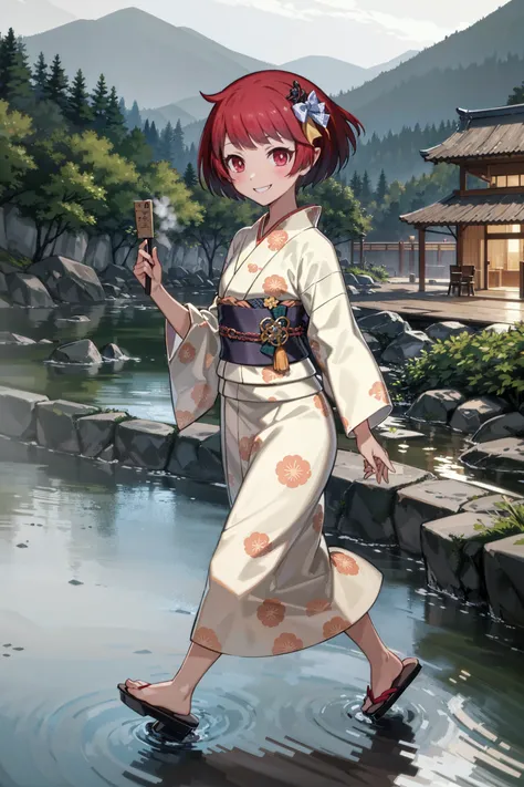 absurdres, high detail, uhd, onsen town, steam, morning,
walking, smile, 
jigita, red hair, short hair, hair_bow, yellow_bow, white_yukata, long_sleeves, wide_sleeves, floral_print, sash, geta
<lora:gomaotsu-jigita(Digitalis)v2-t2-000080:0.8>