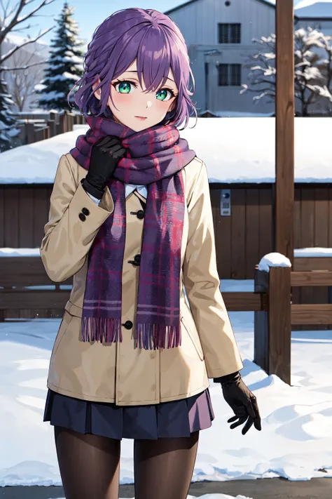 masterpiece, best quality, highres, 1girl, solo, short hair, purple hair, green eyes, <lora:segawa_hiro_v1:0.7>, snow, winter clothes, scarf, gloves, skirt, pantyhose, outdoors, standing, cowboy shot,