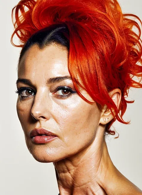 portrait of ((sks woman)) , by Ansel Adams, , supermodel <lora:locon_monicabellucci_v1_from_v1_64_32:1>, portrait of ((sks woman)) by Flora Borsi, style by Flora Borsi, bold, bright colours, orange Mohawk haircut, ((Flora Borsi))