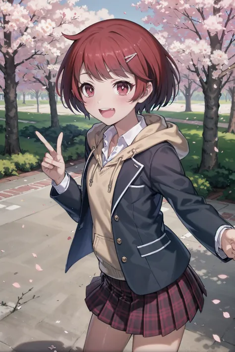 absurdres, high detail, uhd, brick road, school background, cherry blossoms, petals, sky, isometric,
standing, pointing forward, smile, laughing,
solo, jigita, red hair, short hair, hairclip, blue blazer, open jacket, white hoodie, hood down, drawstring, c...