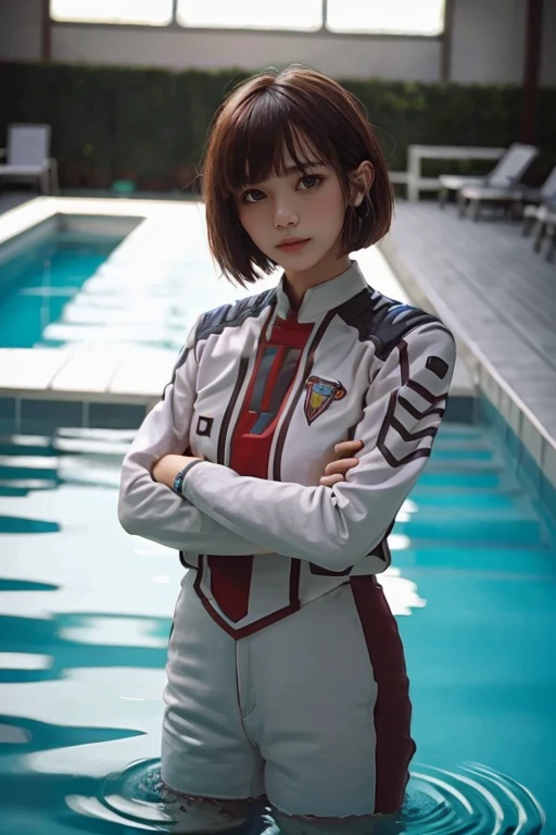 1girl,brown bob cut,bangs,crossed arms,looking at viewer,guts uniform,<lora:GUTS_uniform:0.9>,photography,best quality,masterpiece,standing in swimming pool,standing in water,neon trim,depth of field,indoors,