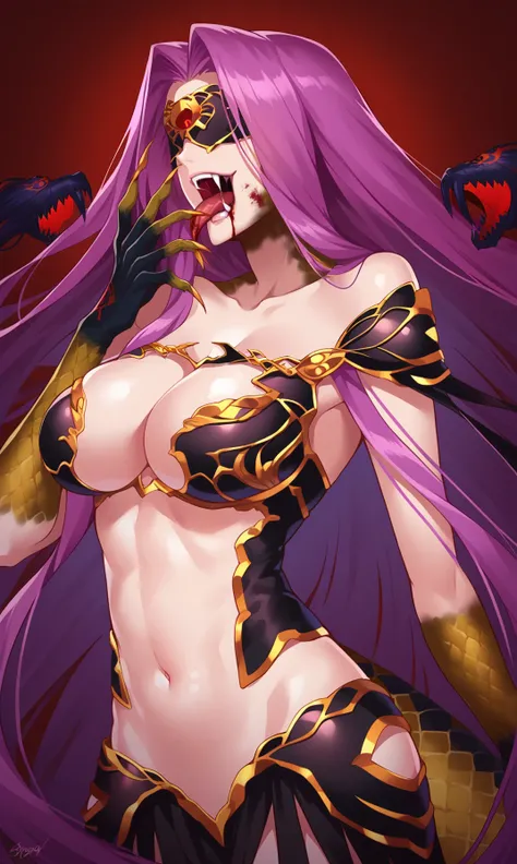 score_9, score_8_up, score_7_up, MedGorg, 1girl, solo, long hair, open mouth, large breasts, simple background, navel, cleavage, bare shoulders, very long hair, collarbone, purple hair, tongue, signature, tongue out, blood, mask, fangs, monster girl, claws...