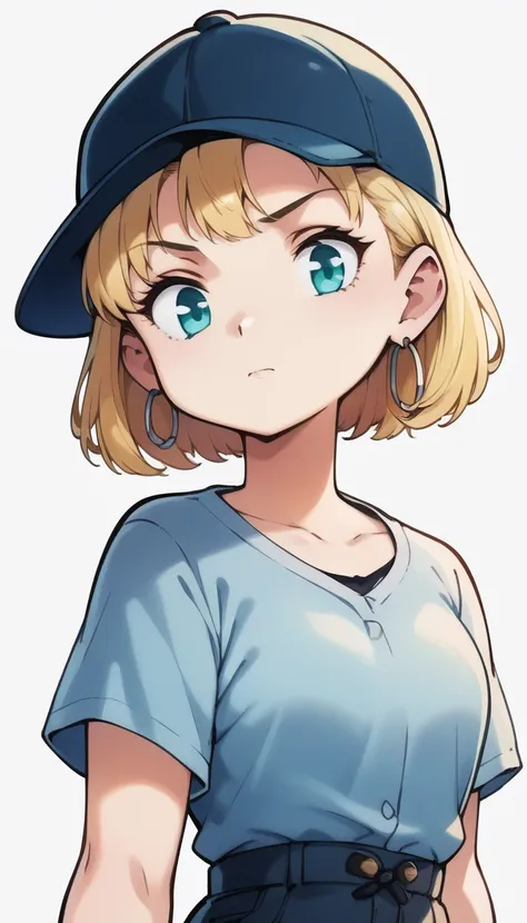 score_9, score_8_up, score_7_up, score_6_up, score_5_up, source_anime,  1girl, solo,  blonde hair,  short hair, aqua eyes, baseball cap,  shirt,  light blue shirt, earrings, hat, hoop earrings, jewelry, closed mouth, upper body, looking at viewer, simple b...