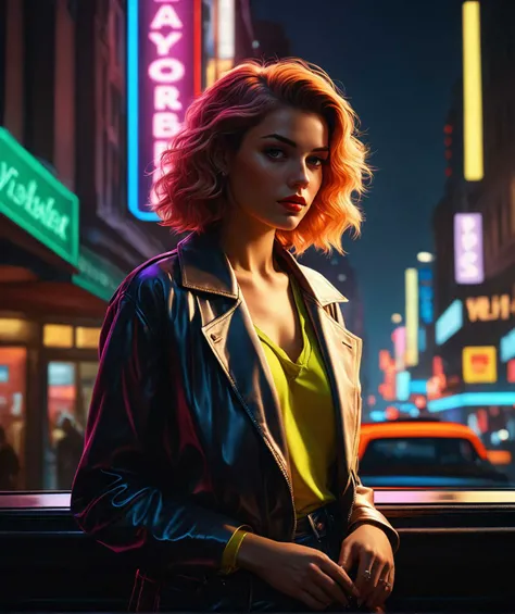 Neon-noir of a stylish beautiful woman, evocative of the 1980s, poised against the backdrop of a neon-lit cityscape at night. She embodies the era with a modern twist, featuring bold fashion choices and a confident demeanor. The scene is bathed in the glow...