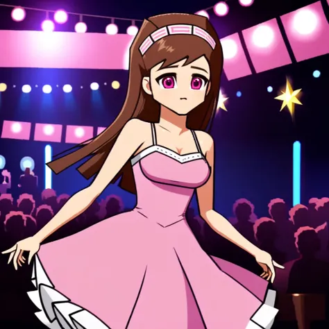 dsiori, brown hair, long hair, pink eyes, small breasts, hairband, dress, idol clothes, bare shoulders, 1girl, solo
BREAK
standing, stage, audience, holding microphone, cowboy shot, depth of field, cinematic, masterpiece, best quality, game cg
 <lora:kreds...