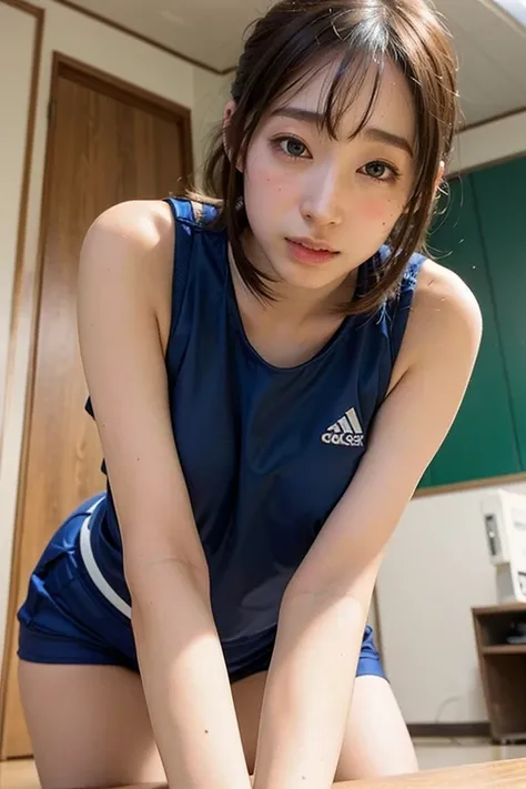 RAW photo, best quality, masterpiece, depth of field,(realistic),photo of <lora:KuHasumi_lora-10:0.9>,1girl,solo,wearing athletic uniform,athletic shorts,bent over