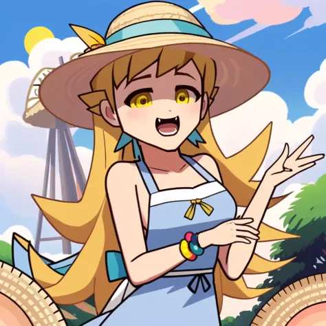 1girl, oshino shinobu, long hair, blonde hair, solo, hat, yellow eyes, dress, fang, open mouth, sky, sun hat, smile, looking at viewer, bracelet, day, cloud, blush stickers, jewelry, blue sky, ass, skin fang, outdoors, straw hat, sundress, apron, bare shou...