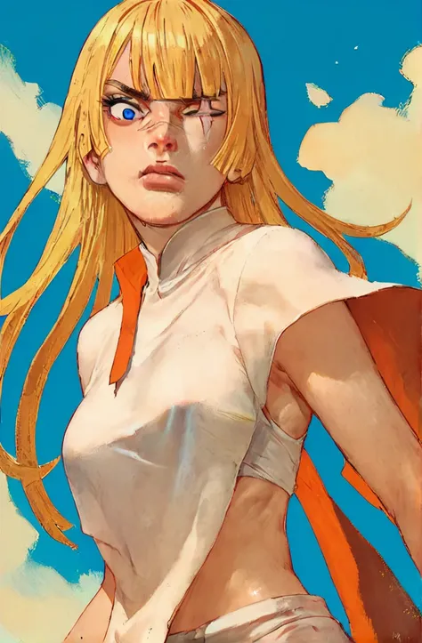 <lora:Nami-XL_006-000015:0.8>,samurahiroaki,Nami_Savrasova,Die Wergelder,hair over one eye,one-eyed,scar on face,1girl,blonde hair,blunt bangs,
breast curtain,from behind, dutch angle,envy,, score_9,score_8_up,score_7_up,score_6_up,