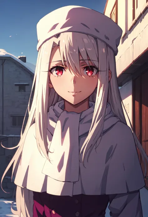 best quality, masterpiece, highres, solo, (illyasviel_von_einzbern_fatestaynightufotable:1.10), 1girl, papakha, white scarf, purple headwear, coat, anime coloring, closed mouth, looking at viewer, smile, outdoors, upper body, anime_style, 5 <lora:illyasvie...