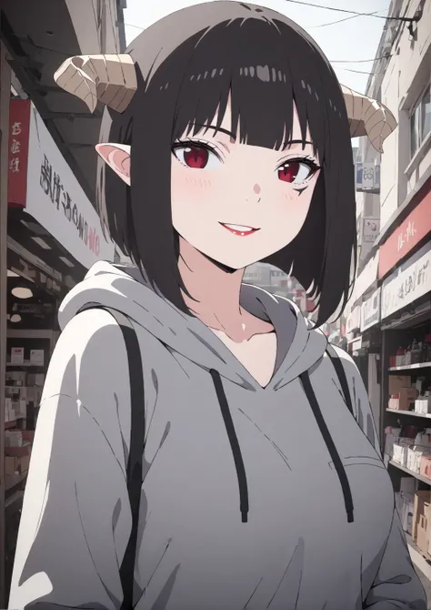 (masterpiece,  ultra-detailed,hi-res,8K), 1 girl ,solo,indoor,look at viewer,   <lora:SDXL_Torcher_Torture_v1-000012:0.8>TorcherTorture, upper body,glay hoodie cloth,shopping street,smile