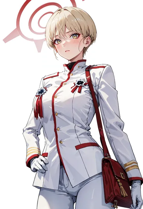 best quality, masterpiece, highres, solo, (marina_bluearchive:1.10), 1girl, long sleeves, military uniform, white jacket, simple background, looking at viewer, white background, white gloves, white pants, blush, closed mouth, cowboy shot, 0 <lora:marina_bl...