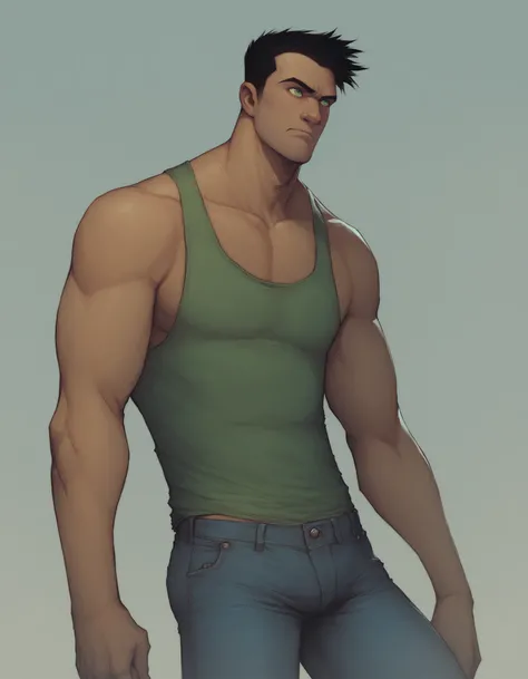 score_9, score_8_up, score_7_up,  square background, 
man, black hair, green eyes. tank top, jeans, 
<lora:devil_hs:0.9>