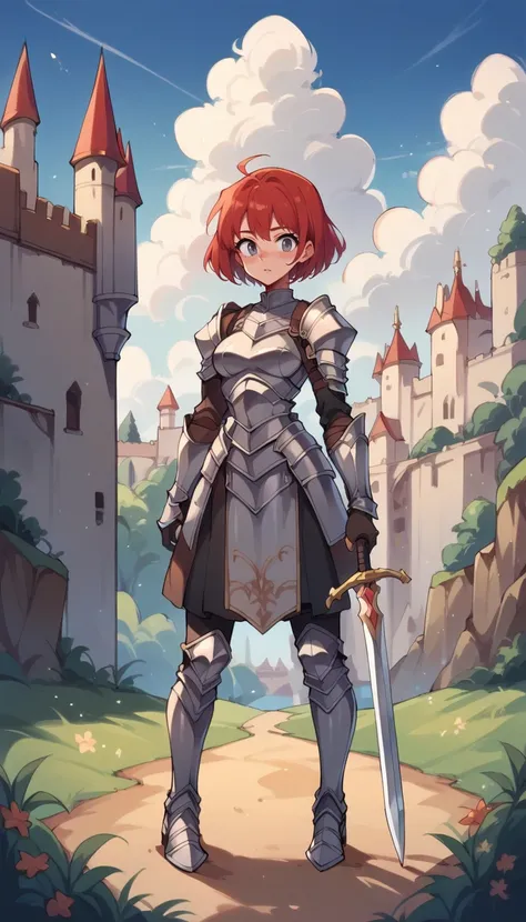 score_9, score_8_up, score_7_up, score_6_up, score_5_up, source_anime,  1girl, solo,  red hair, grey eyes, full metal armor, female knight, standing, holding sword, holding, outdoors, sky, sunny, castle in the background, <lora:BrushlineStyleV1_PonyXL:0.9>