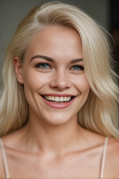 gritty raw photo of portrait photo of a 25 year old platinum blonde instagram model laughing hysterically, hyperrealism, 8K UHD, realistic skin texture, flawed skin, shot with Canon EOS 5D Mark IV, highly detailed, masterpiece