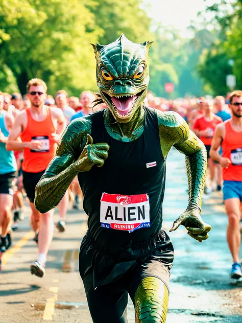 RAW photo,trandoshan alien running a marathon<lora:trandoshanV2:0.8>