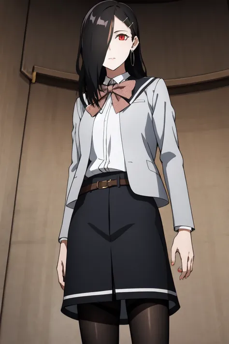 caligulathorn, 1girl, solo, hair over one eye, black hair, long hair, red eyes, hairclip, earrings, black pantyhose, black skirt, white shirt, grey jacket, belt, bowtie, looking at viewer, upper body, standing  <lora:ThornX2_2:0.75>